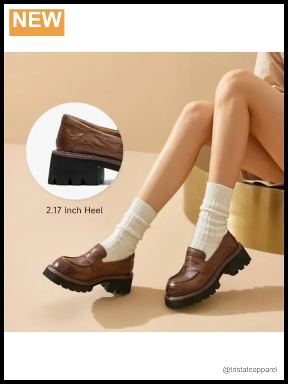 Women's Chunky Platform Loafers Leather Slip-On Dress Shoes Round Toe